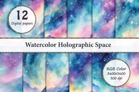 Watercolor Holographic Space Backgrounds: Creative Digital Assets